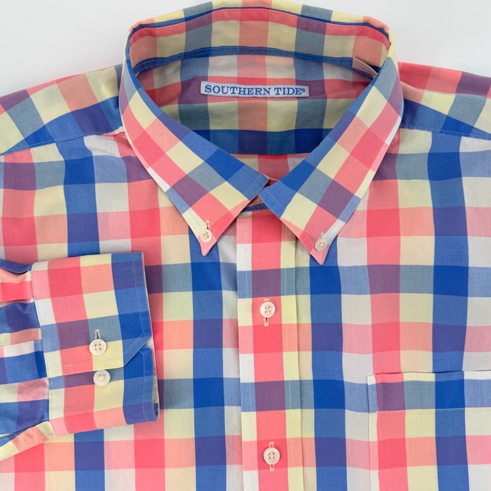 Southern Tide Mens L Plaid Button Down Shirt Blue Pink Long Sleeve Stretch